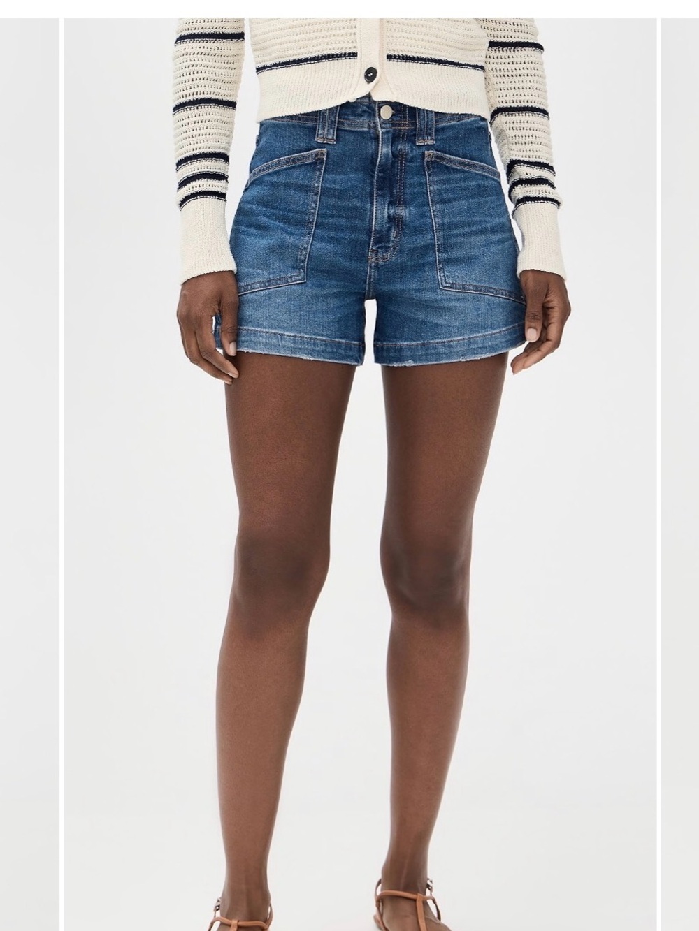 High-Rise Blue Denim Patch-Pocket Shorts